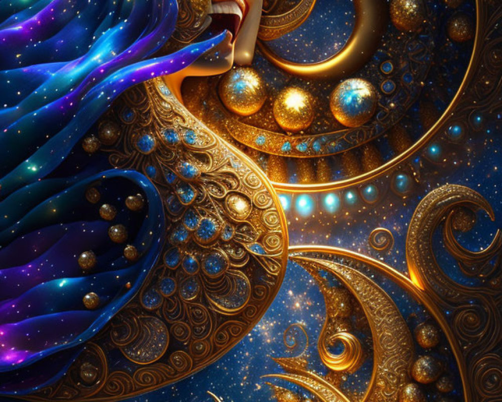 Colorful artwork: ornate golden mask, cosmic motifs, swirling patterns, blue scarf with stars.