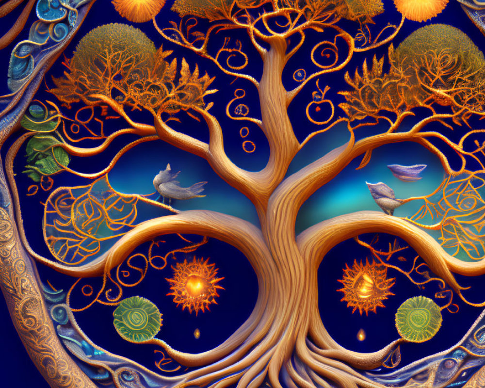 Colorful Tree Illustration with Birds and Ornate Details on Dark Blue Background