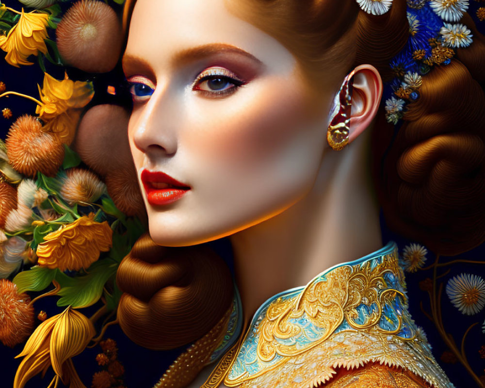 Illustrated portrait of a woman with stylized hair in gold attire and vibrant floral bouquet