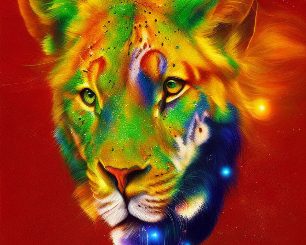 Colorful Digital Artwork: Lion with Orange Mane on Red Background