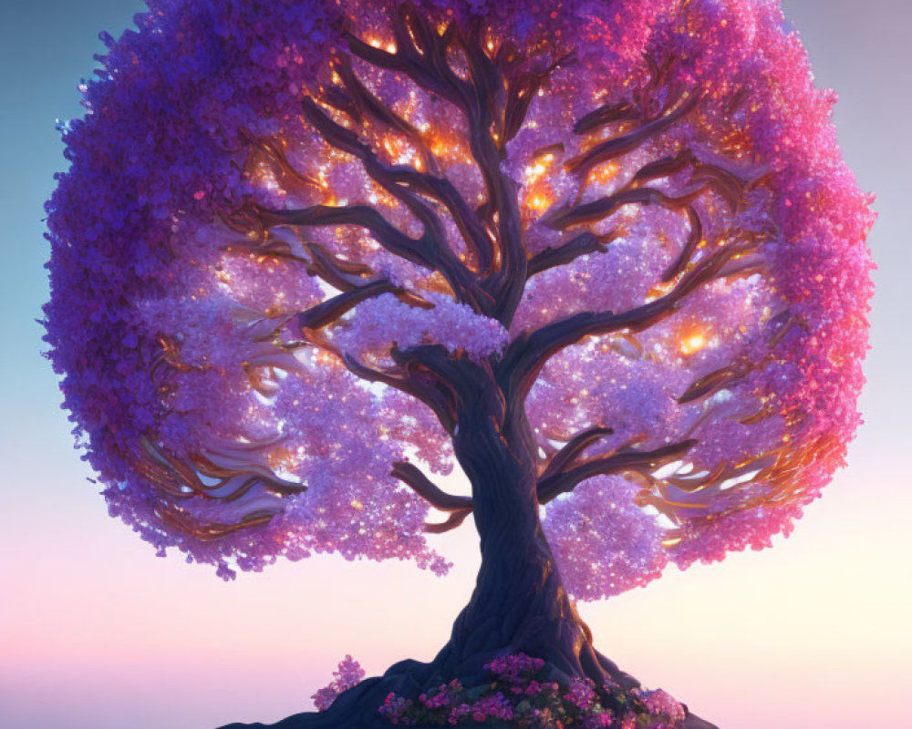 Vibrant purple canopy on fantastical tree in twilight scene