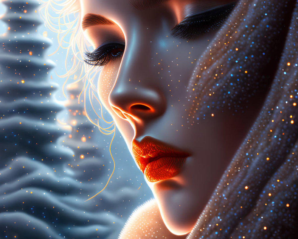 Digital Art Portrait of Woman with Starry Veil and Red Lips on Blue Background