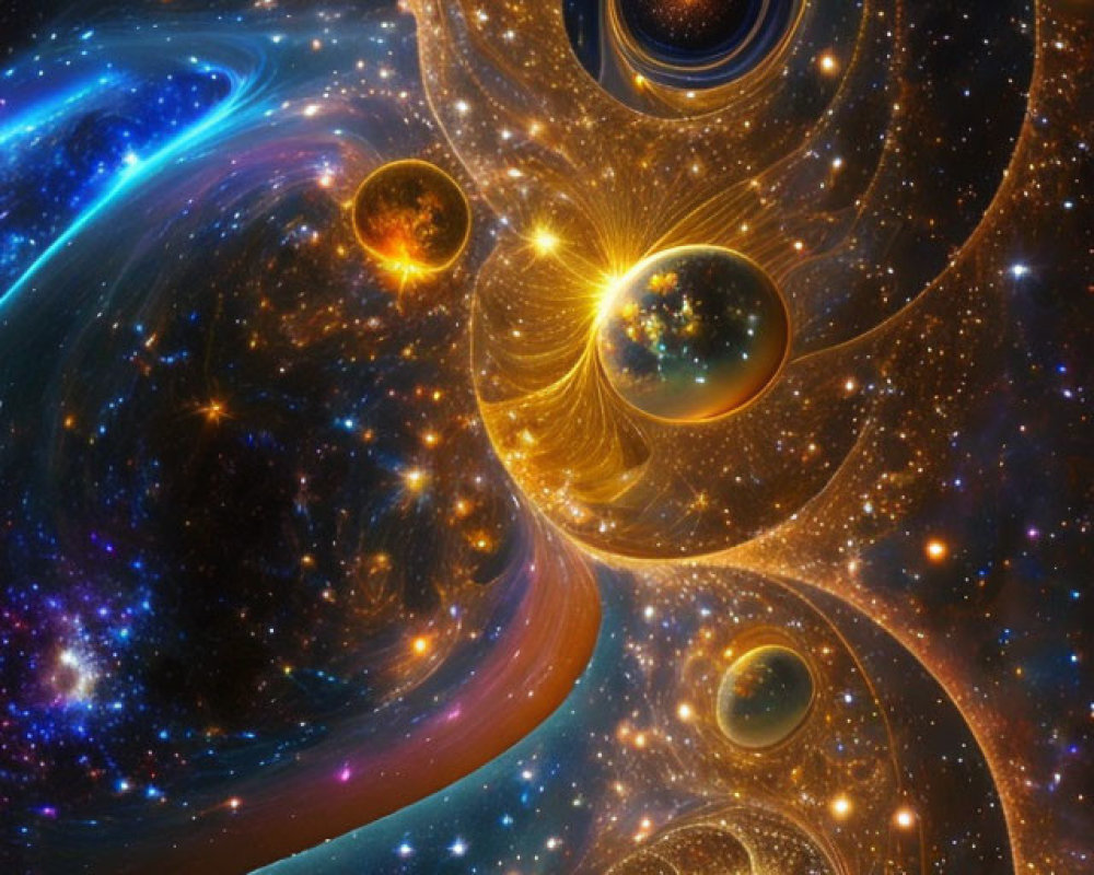 Abstract cosmic scene with swirling galaxies and radiant stars