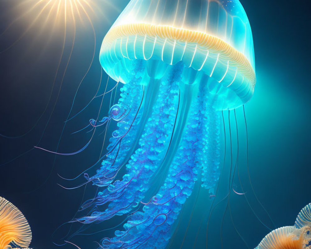 Bioluminescent jellyfish in blue glow amidst dark ocean and orange coral