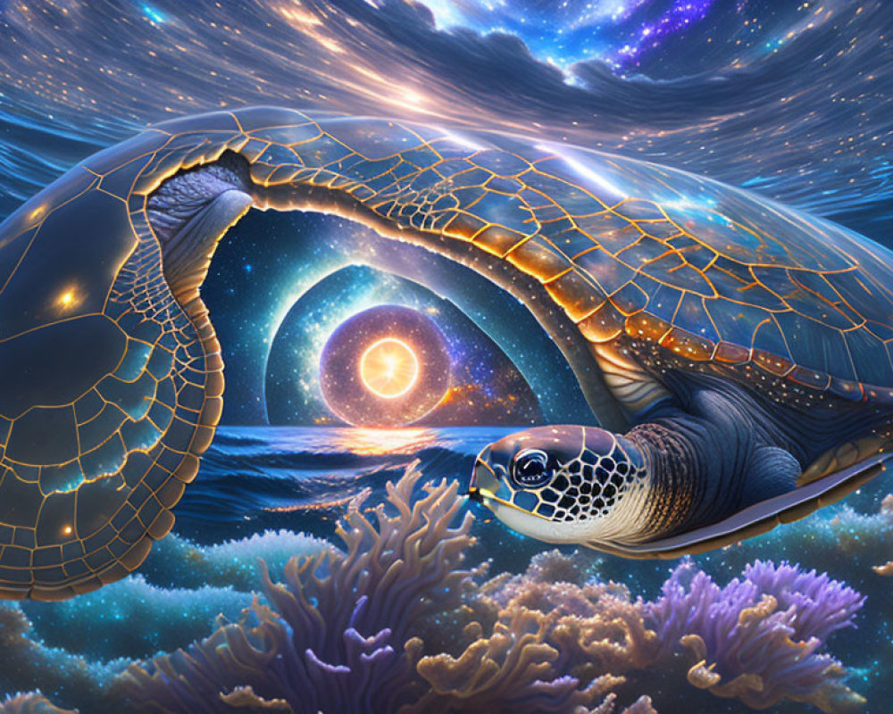 Sea turtle with cosmic shell in underwater to space transition