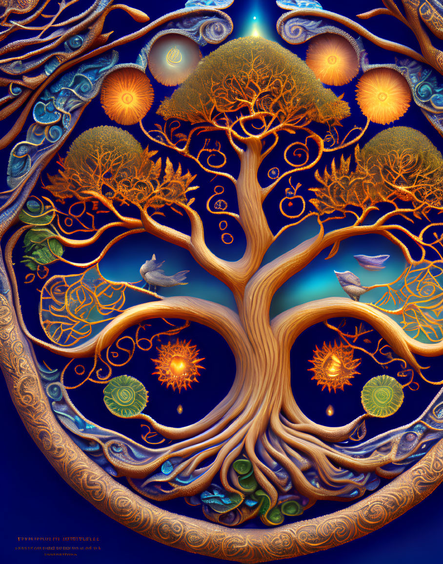 Colorful Tree Illustration with Birds and Ornate Details on Dark Blue Background