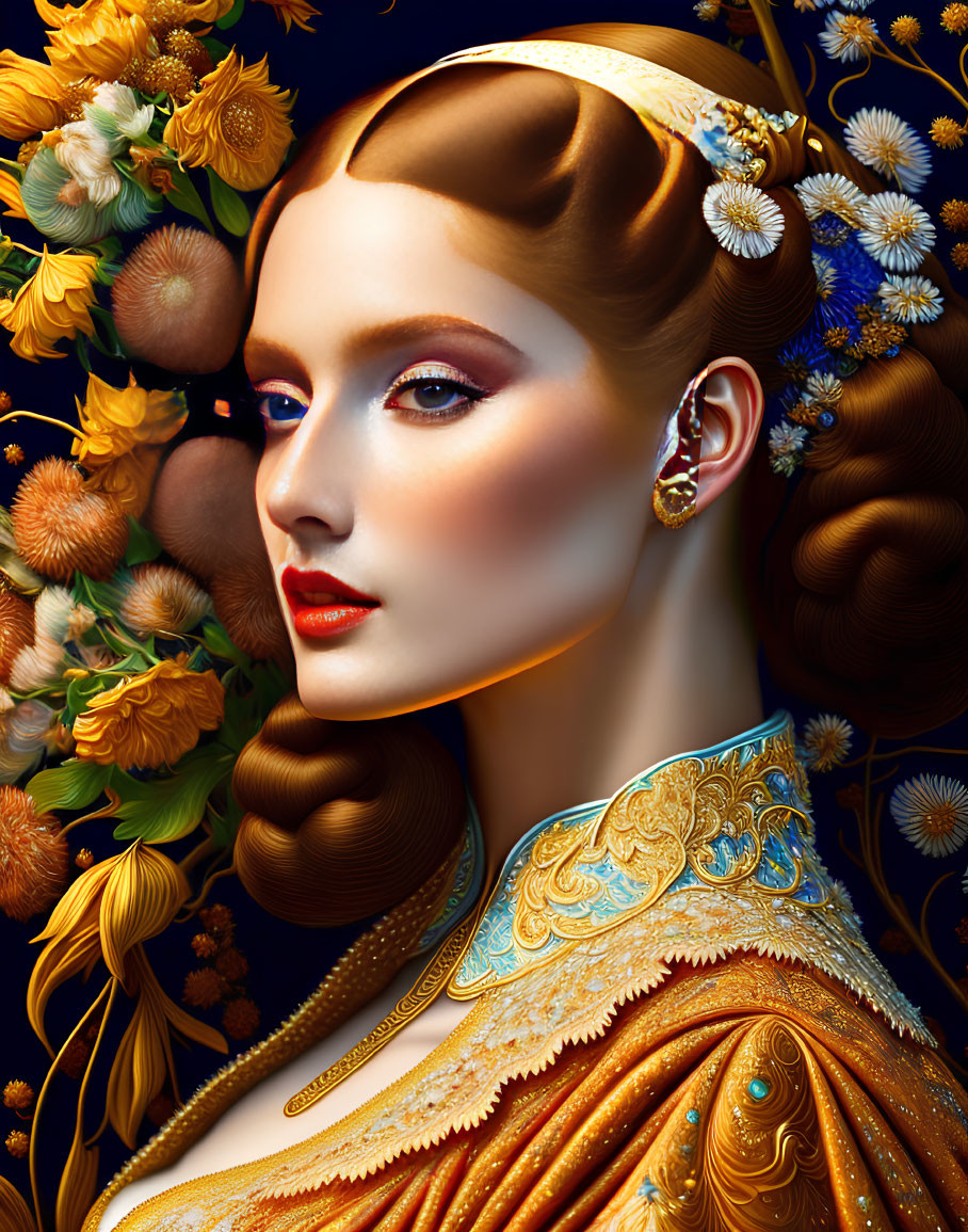 Illustrated portrait of a woman with stylized hair in gold attire and vibrant floral bouquet