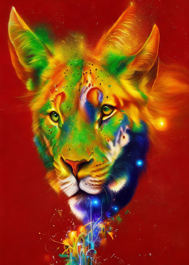 Colorful Digital Artwork: Lion with Orange Mane on Red Background