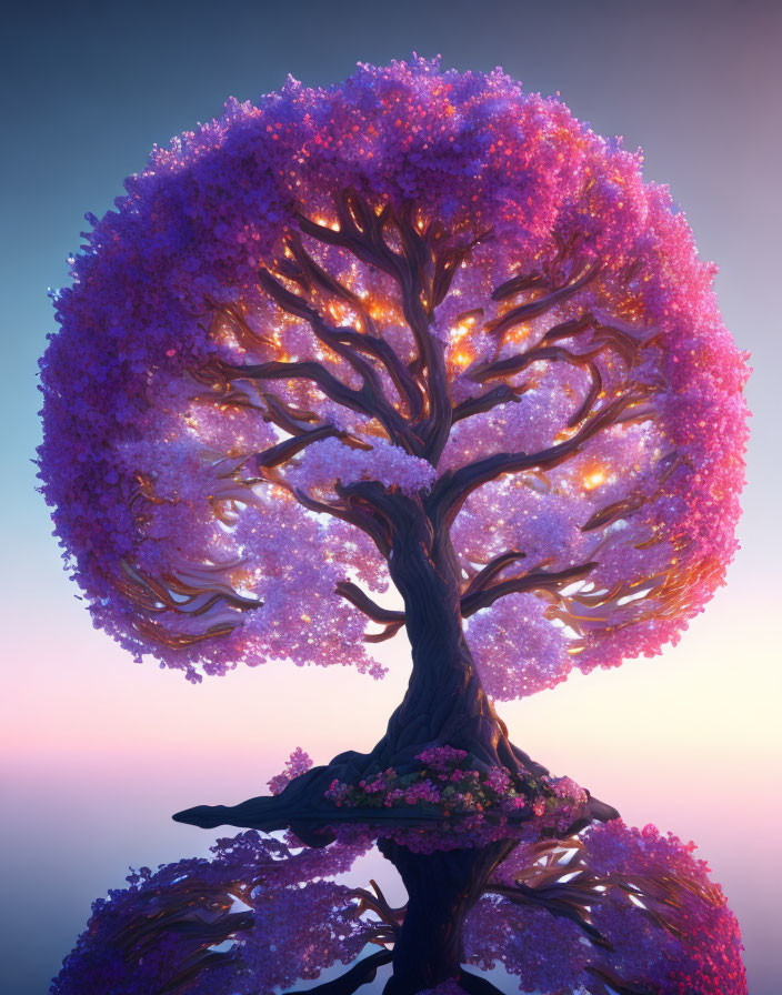 Vibrant purple canopy on fantastical tree in twilight scene