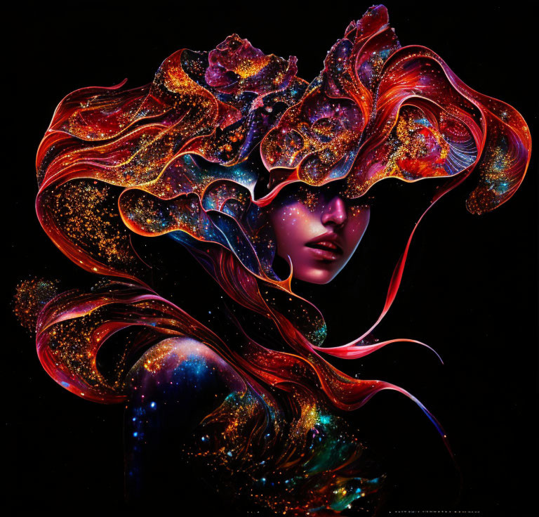 Vivid digital artwork: Woman with cosmic hair in red, orange, and blue