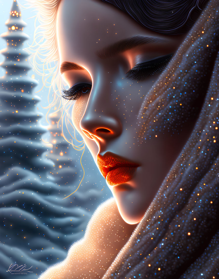 Digital Art Portrait of Woman with Starry Veil and Red Lips on Blue Background