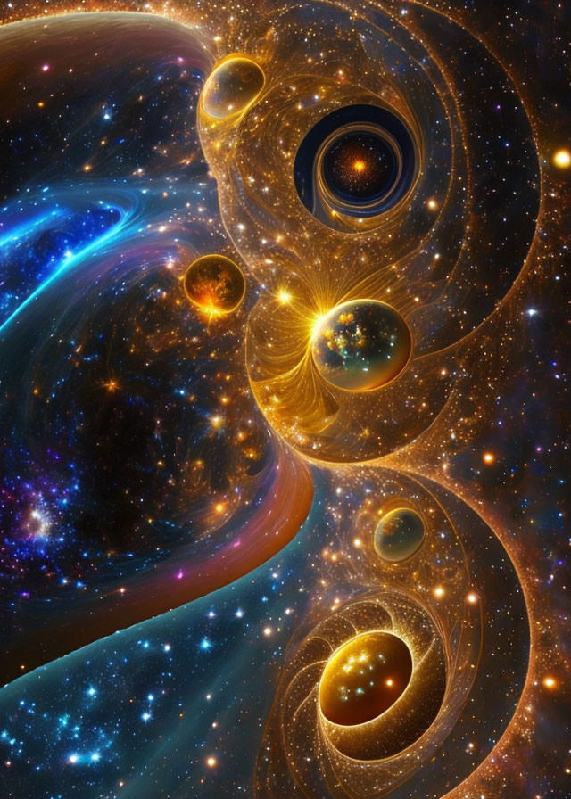 Abstract cosmic scene with swirling galaxies and radiant stars