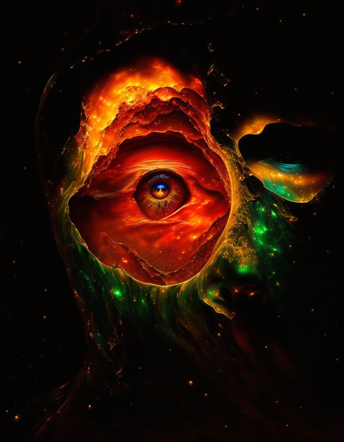 Cosmic-themed digital art blending human eye with fiery textures