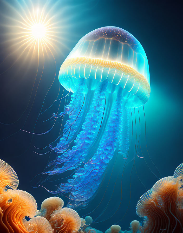 Bioluminescent jellyfish in blue glow amidst dark ocean and orange coral