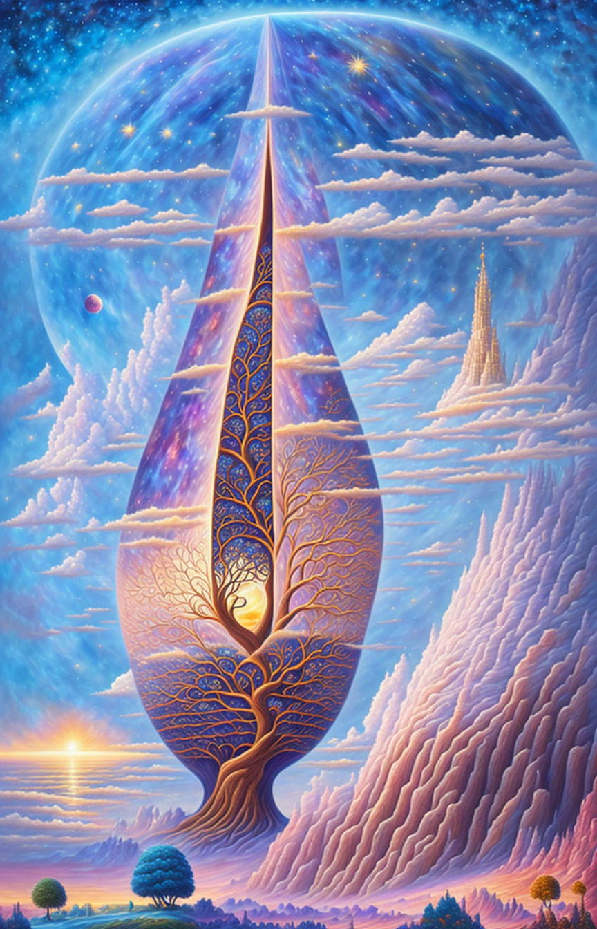 Surreal painting: Tree in teardrop portal, cosmic backdrop, mountains, starry sky