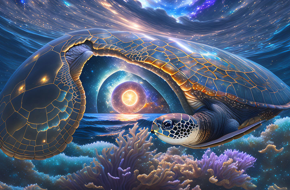 Sea turtle with cosmic shell in underwater to space transition