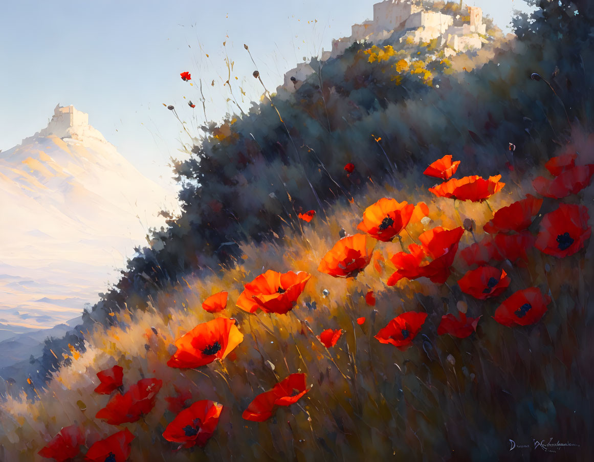 Vibrant painting of red poppies and sunlit castle on a hill