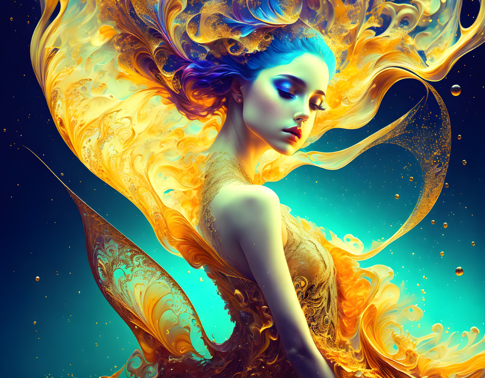 Digital artwork: woman with golden hair and ornate designs on blue background