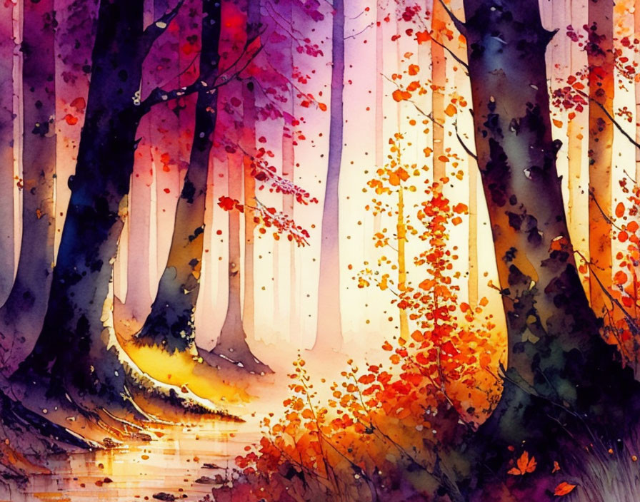 Autumn forest watercolor with sunlight and reflections