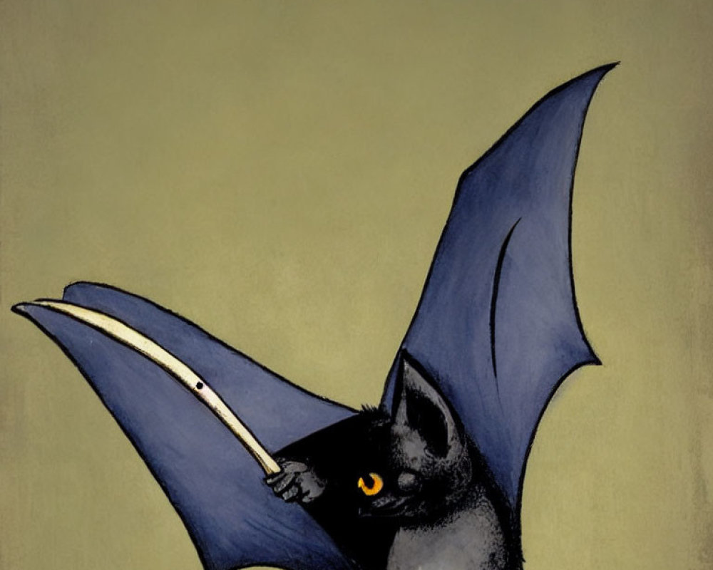 Whimsical black bat with yellow eyes holding white item on greenish background