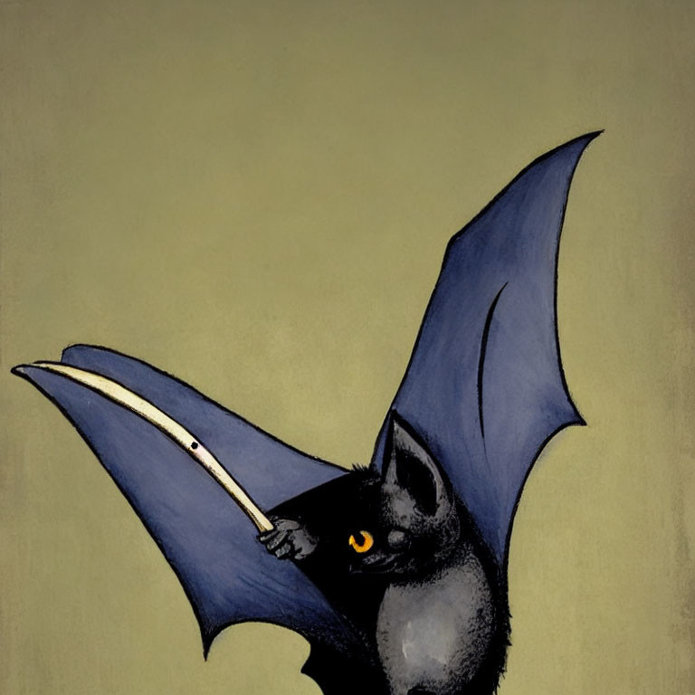 Whimsical black bat with yellow eyes holding white item on greenish background