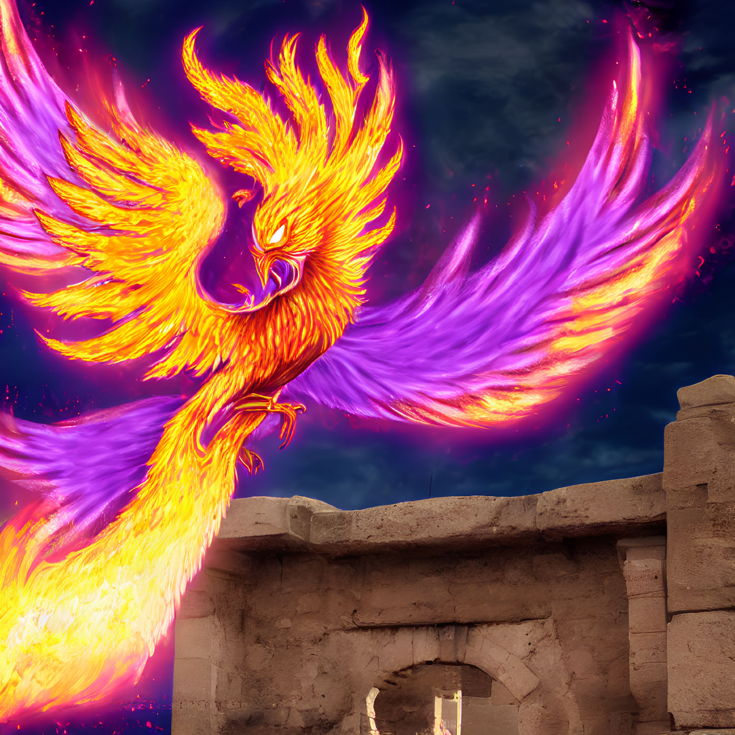 Colorful Phoenix Spreading Wings in Stone Ruins Landscape