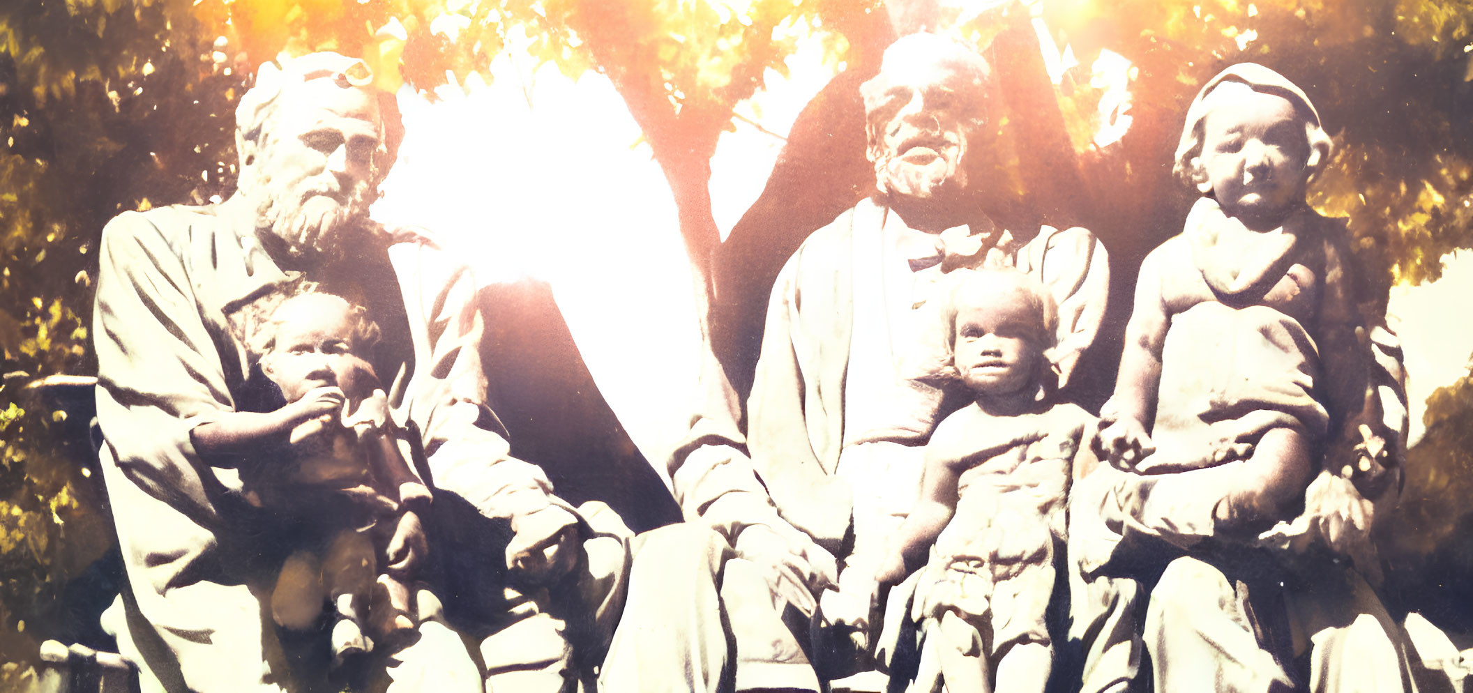 Vintage Family Photo with Two Adults and Two Children in Bright Light