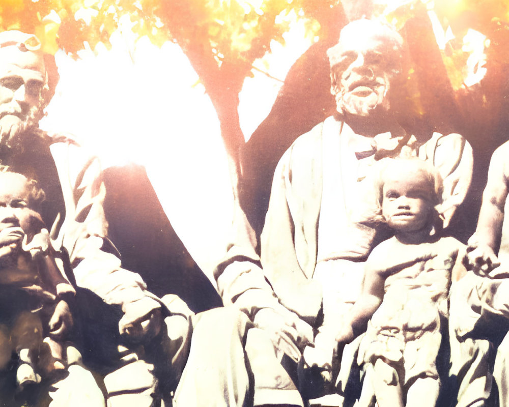 Vintage Family Photo with Two Adults and Two Children in Bright Light