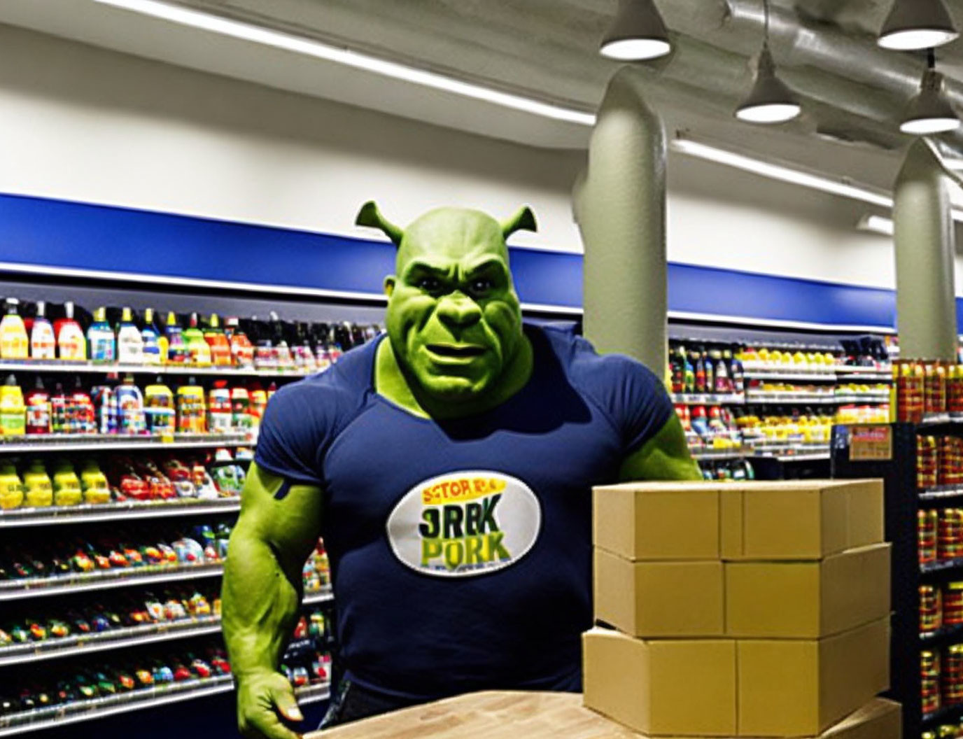 Animated ogre character in grocery store setting with unique shirt design and cardboard boxes.