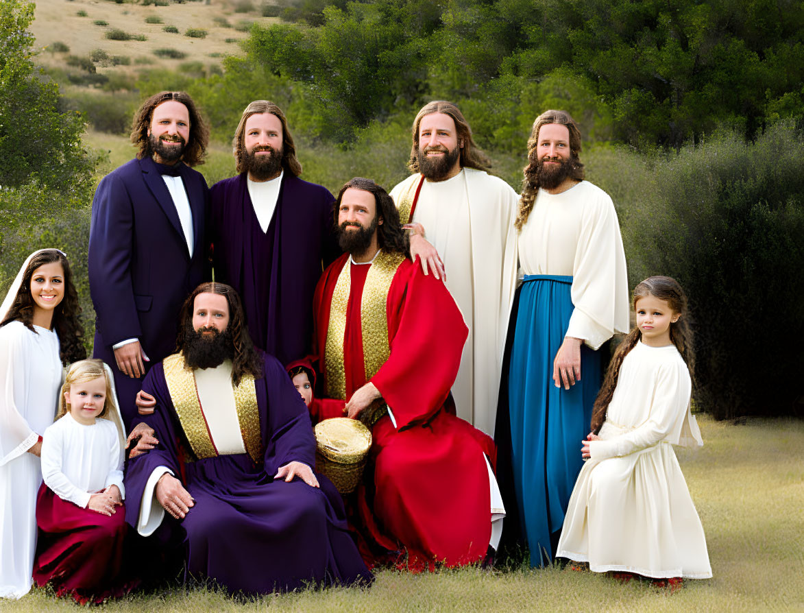 Historical family group in colorful robes outdoors