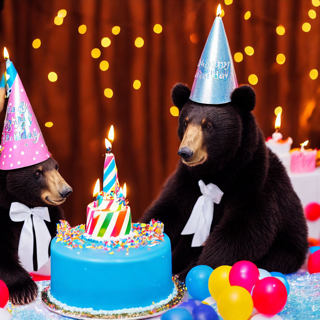 Two bears in party hats with birthday cake and balloons under twinkling lights