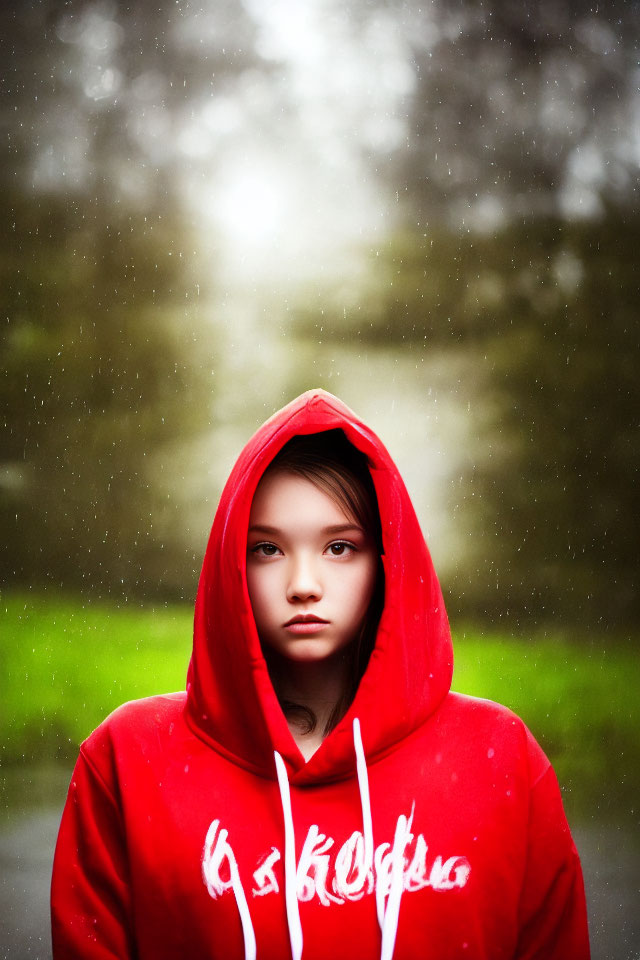 Person in Red Hoodie Standing in Light Rain with Bokeh Green Background