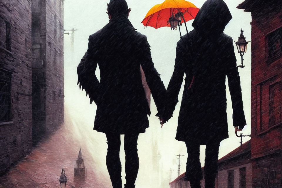 Couple walking in rain with orange umbrella on old city street