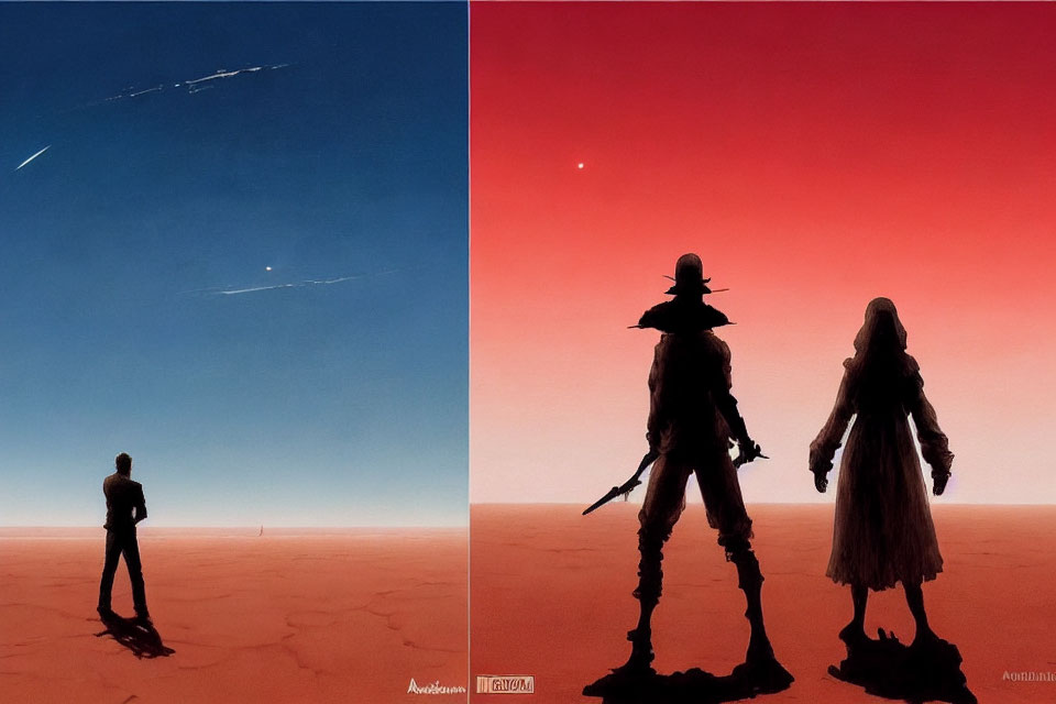 Split image: figure in desert under blue sky & two silhouettes against red sky