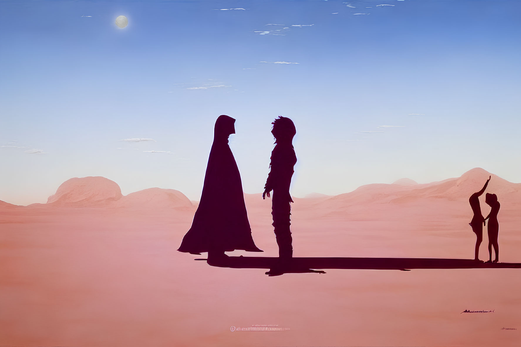 Desert scene with silhouetted figures, moons, robed person, robotic figure, and