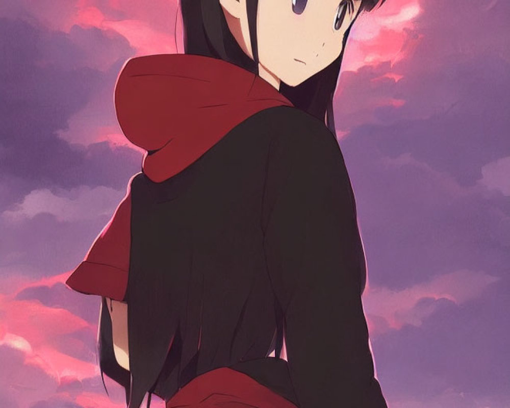 Blue Beret and Red Scarf Anime Girl in Pink Clouded Sky