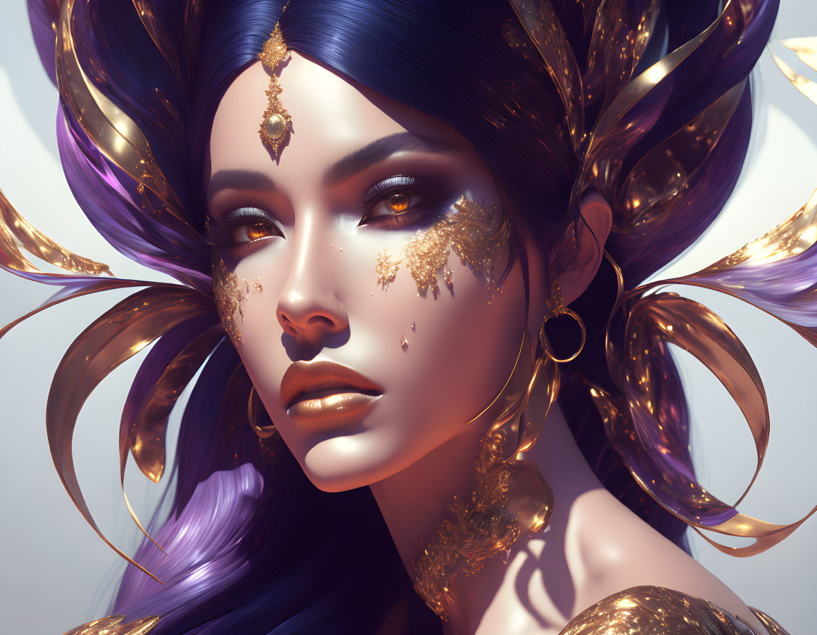 Luxurious 3D illustration of woman with golden adornments and purple hair