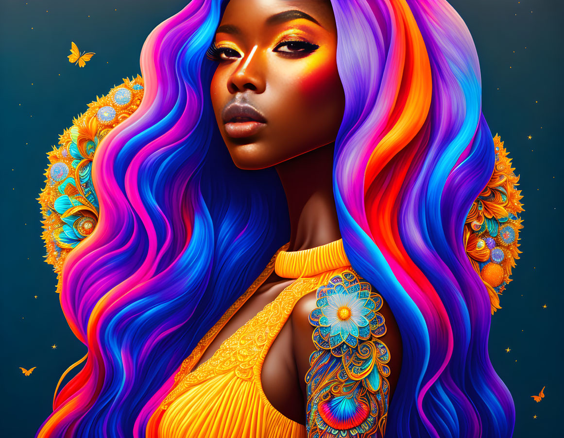Colorful digital portrait of a woman with flowing multicolored hair and adorned yellow garment.