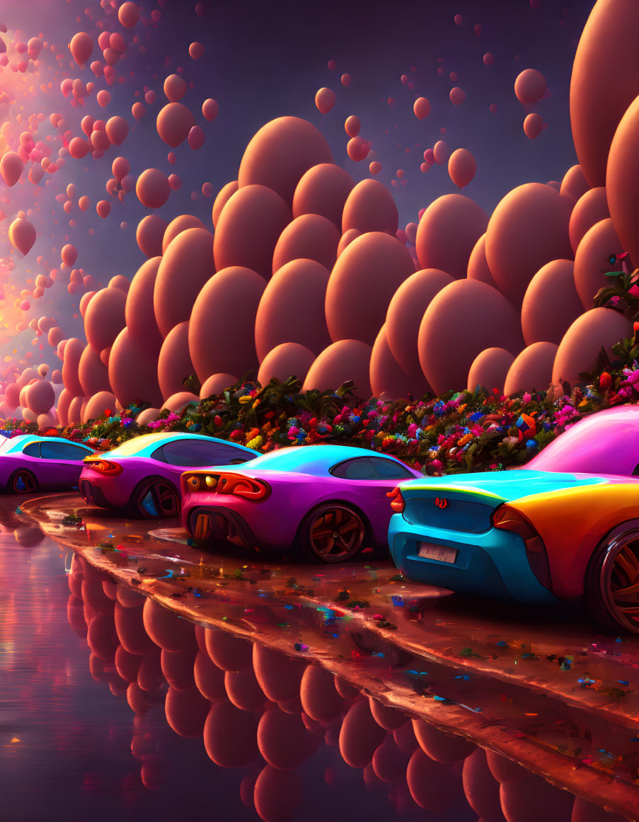 Vibrant sports cars with pink bubbles and flowers on reflective surface