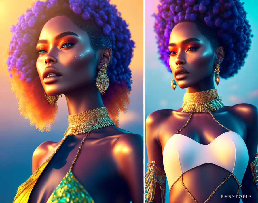 Portrait of woman with purple afro hair and golden jewelry under colorful lighting