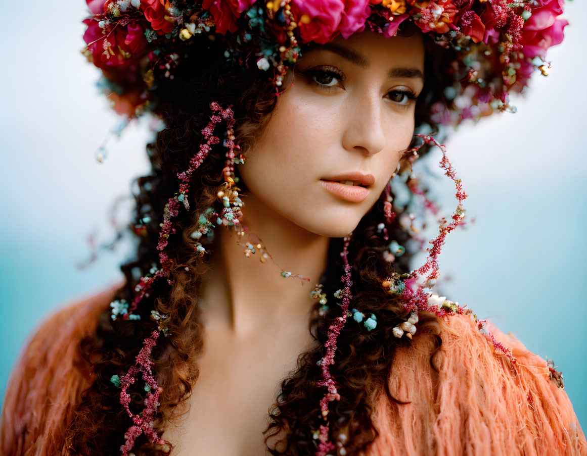 Woman wearing floral crown and beaded hair accessories, gazing against soft blue background in textured orange top