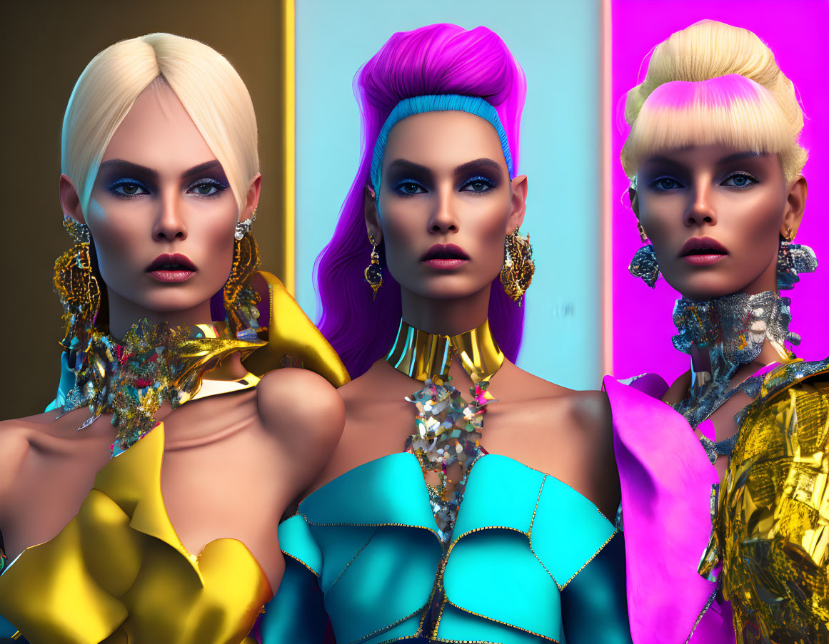 Three futuristic women with bold makeup and vibrant hair in stylish attire and golden jewelry pose confidently.