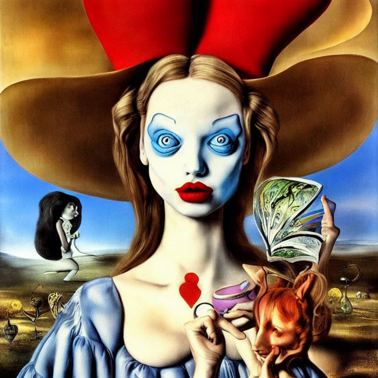 Surrealistic painting of woman with exaggerated features and large hat in fantastical landscape