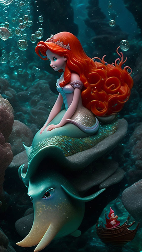 Red-haired mermaid princess on dolphin surrounded by bubbles and coral with shipwreck.