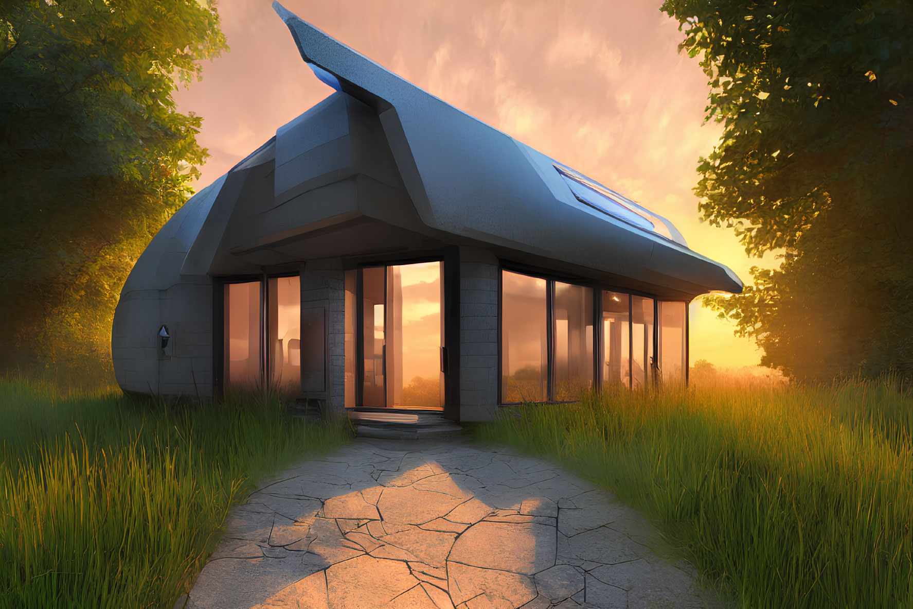 Futuristic house with large windows in tranquil field at sunrise