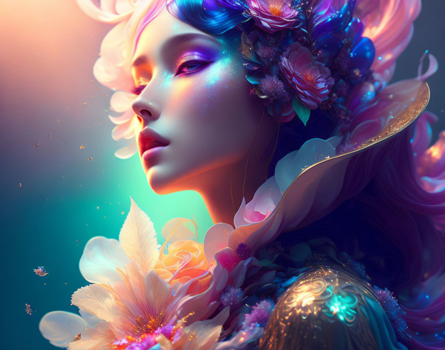 Colorful Flower Fantasy Portrait with Ethereal Aura