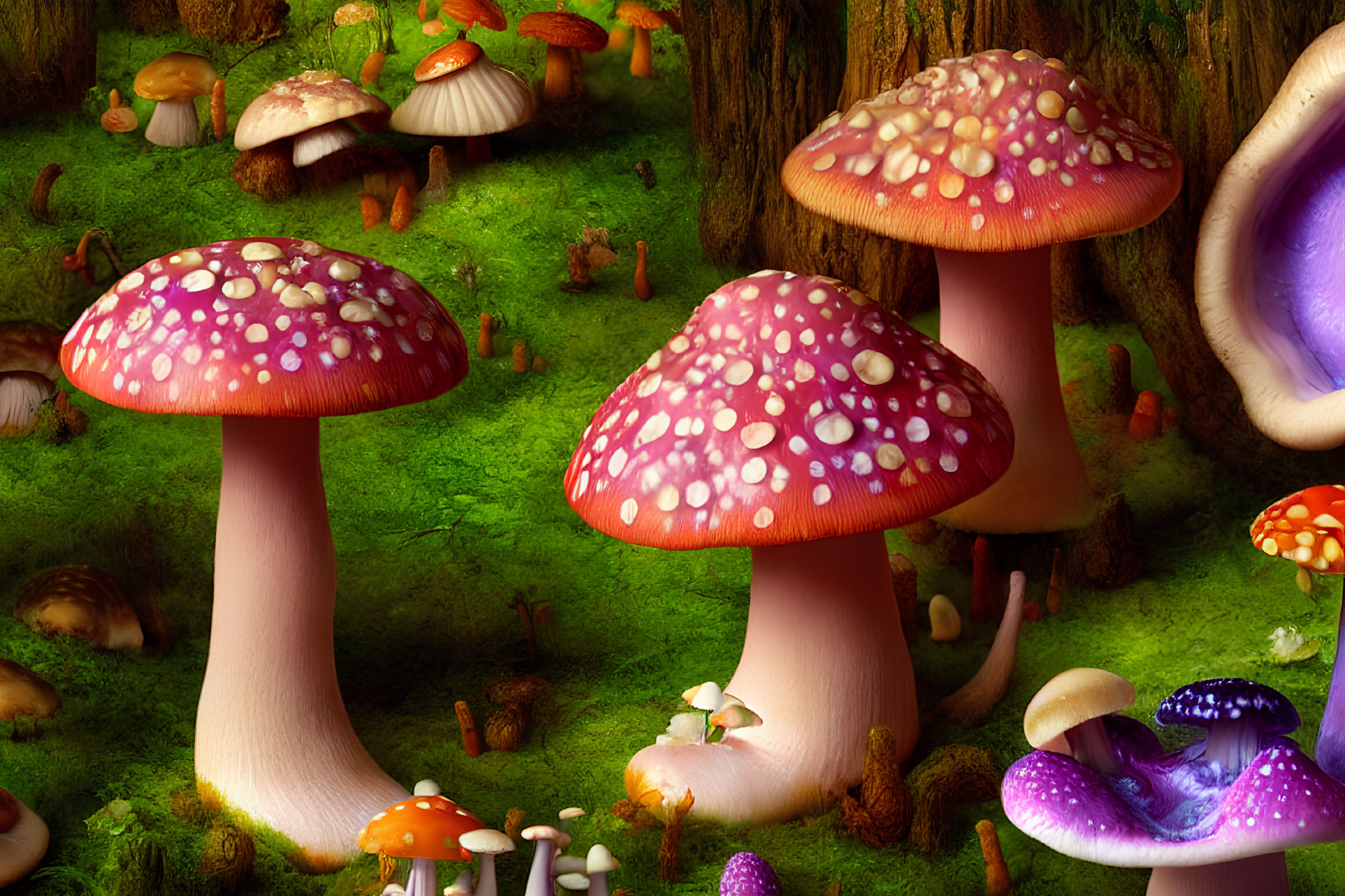 Colorful Mushroom Forest Scene with Dew Drops and Moss