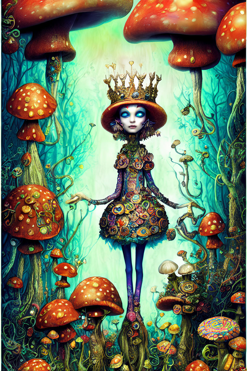 Illustration of royal figure with mushroom cap crown in vibrant enchanted forest.