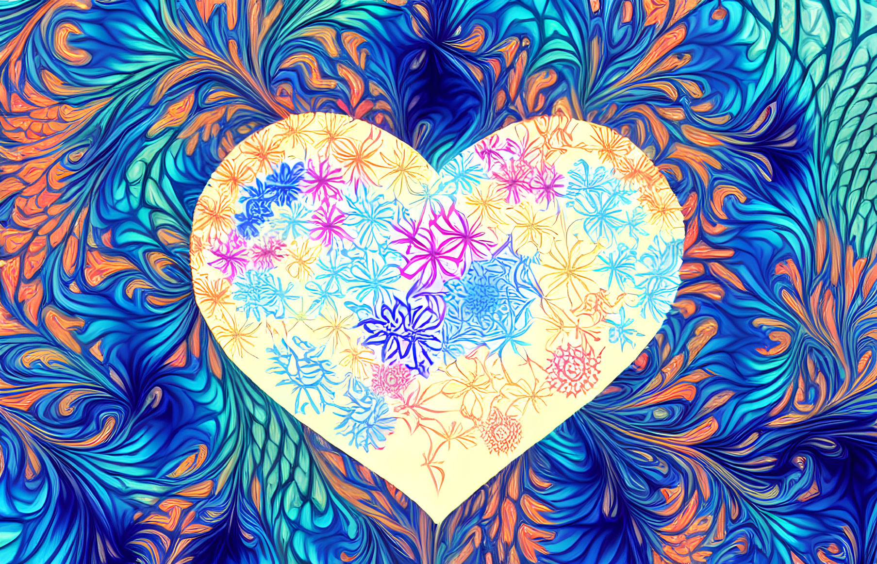 Colorful Psychedelic Background with Swirling Patterns and Central Heart Icon