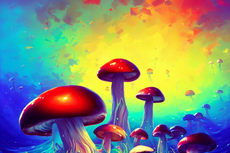 Colorful digital artwork featuring red-capped mushrooms on abstract background.